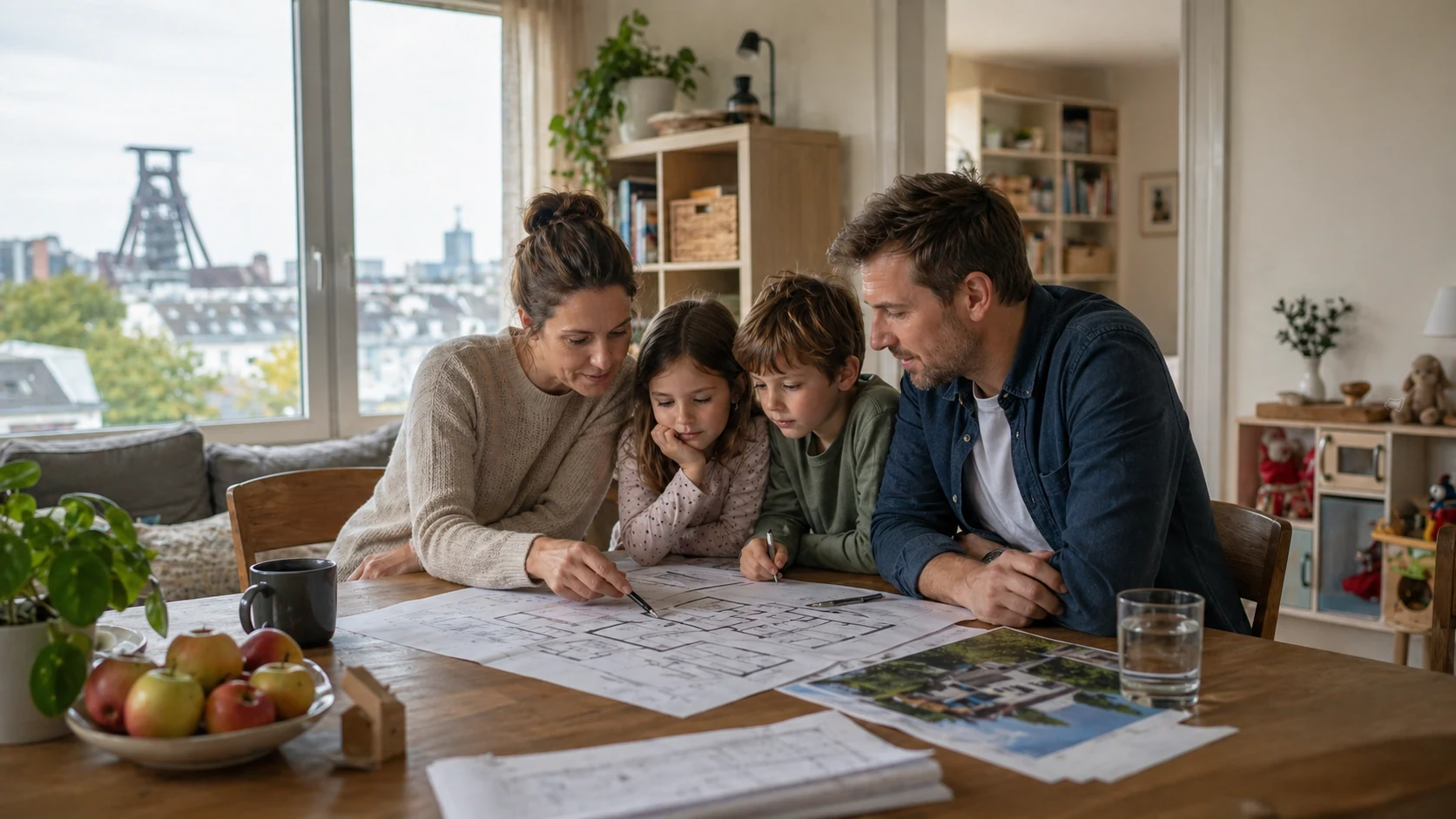 Familie plant den Umzug in eine groessere Immobilie anhand von Grundrissen