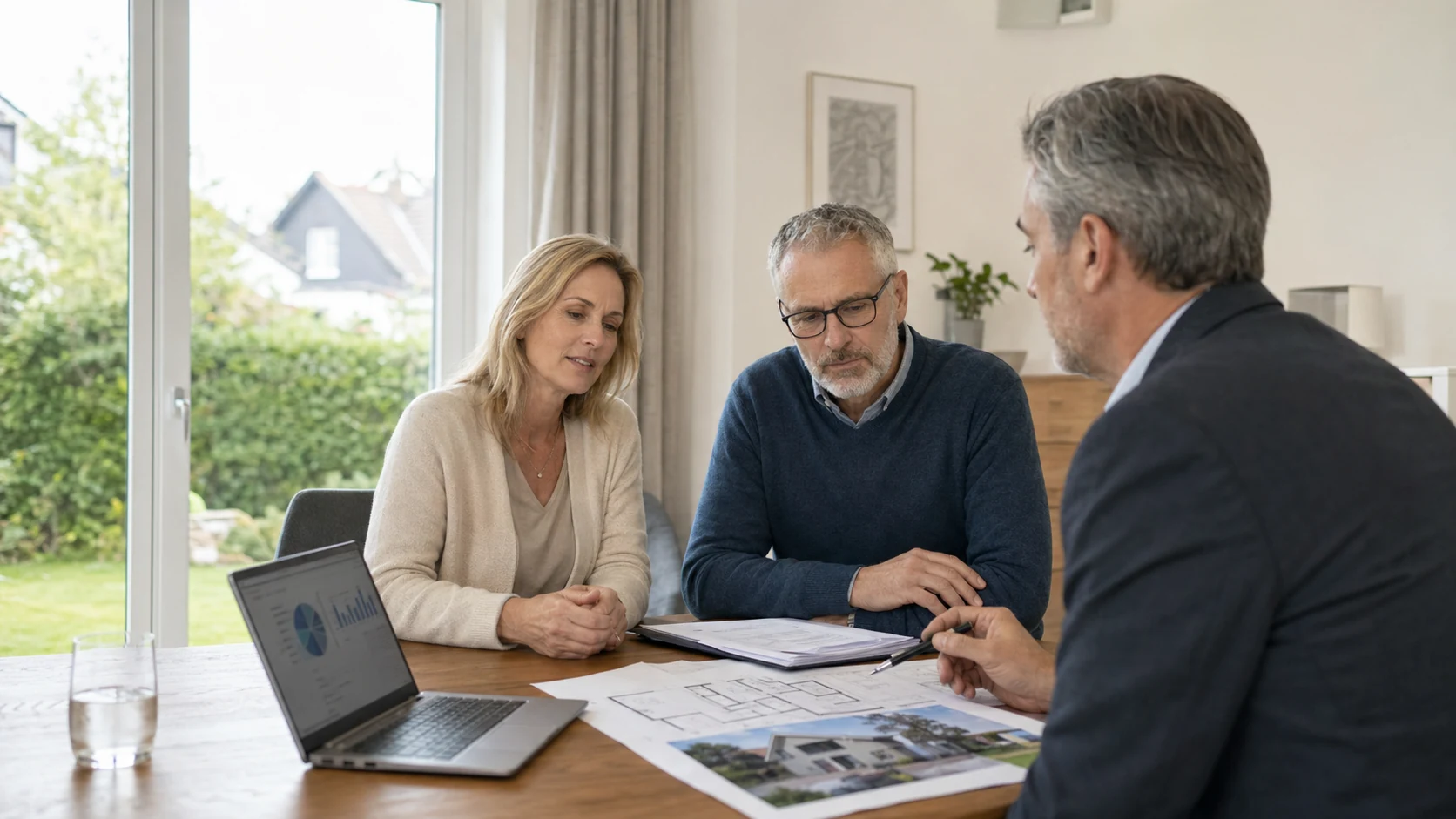 Eigentuemer besprechen Wertermittlung und Immobilienunterlagen mit einem Berater in Essen